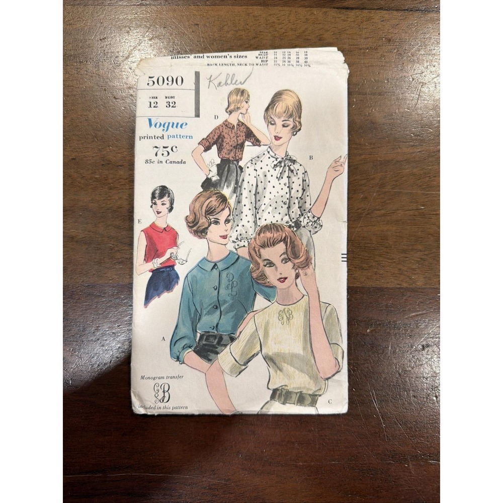 VTG Vogue 5090 Sewing Pattern  Blouse Styles Monogram Transfers‎